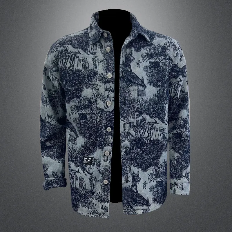 

Мужская повседневная рубашка премиум-класса с принтом, свободного кроя, с заниженной линией плеч, модная, художественная, из окрашенной хлопковой ткани, весна-осень, с длинным рукавом