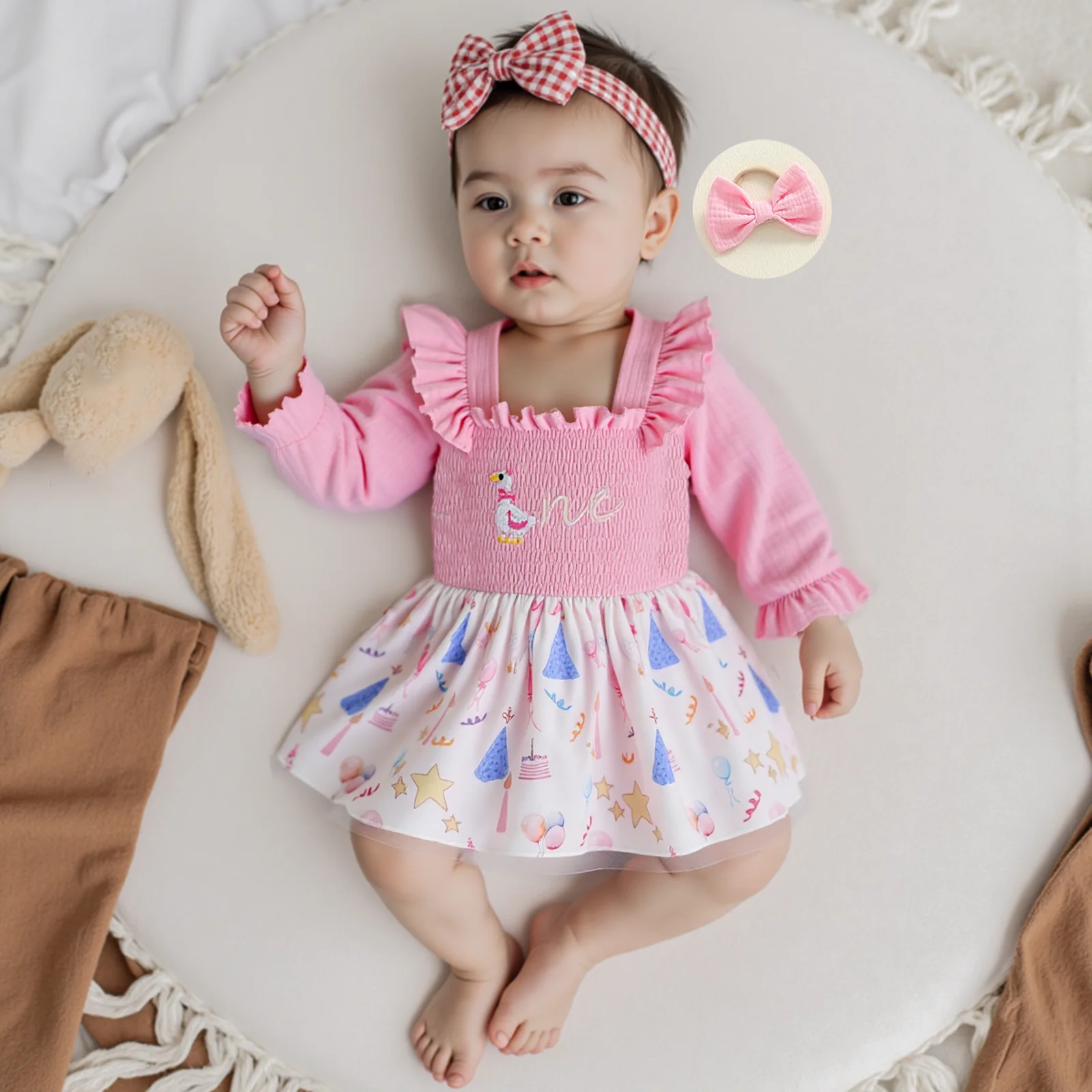 

Baby Girl 1st Birthday Outfits Bow Ruffled Trim Long Sleeve Romper Dress and Bow Headband 2 Pcs Set