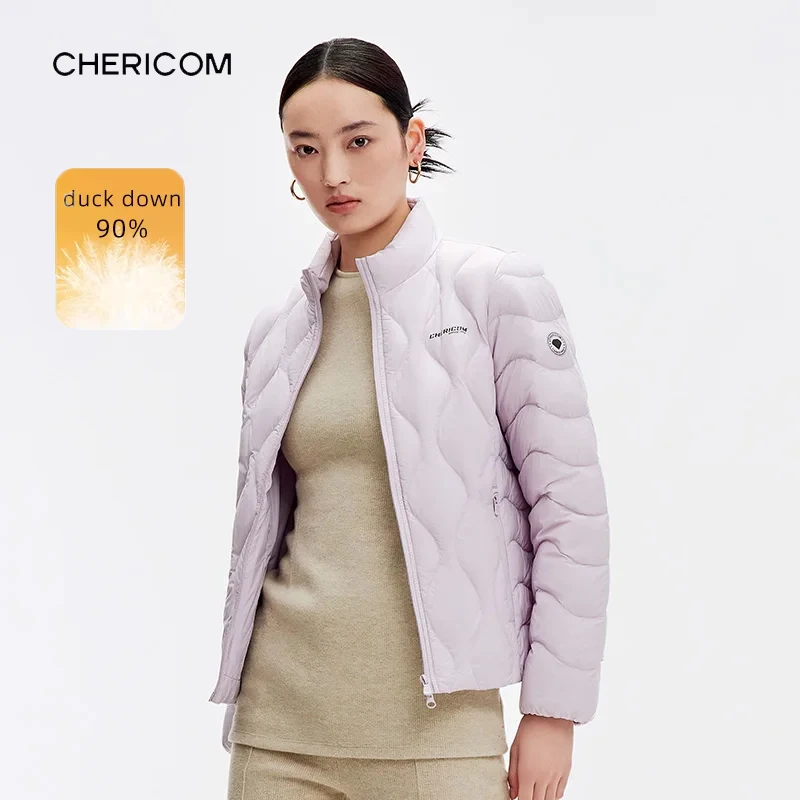 

Chericom женская куртка на утином пуху, короткая 90, утиный пух, новинка 2025, стеганый дизайн с воротником-стойкой, легкие теплые пуховики Y309001Y