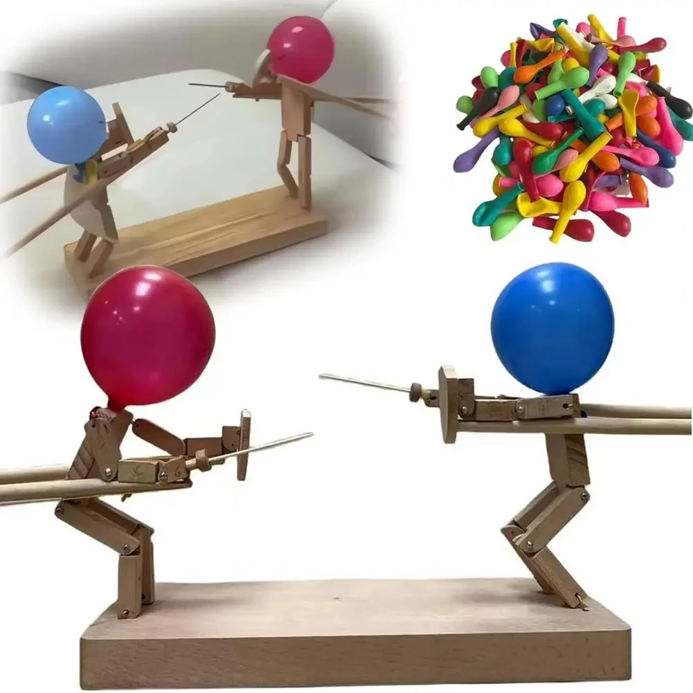 2024 New Handmade Wooden Fencing Puppets, Wooden Bots Battle Game for 2 Players，Fast-Paced Balloon Fight, Whack a Balloon Party