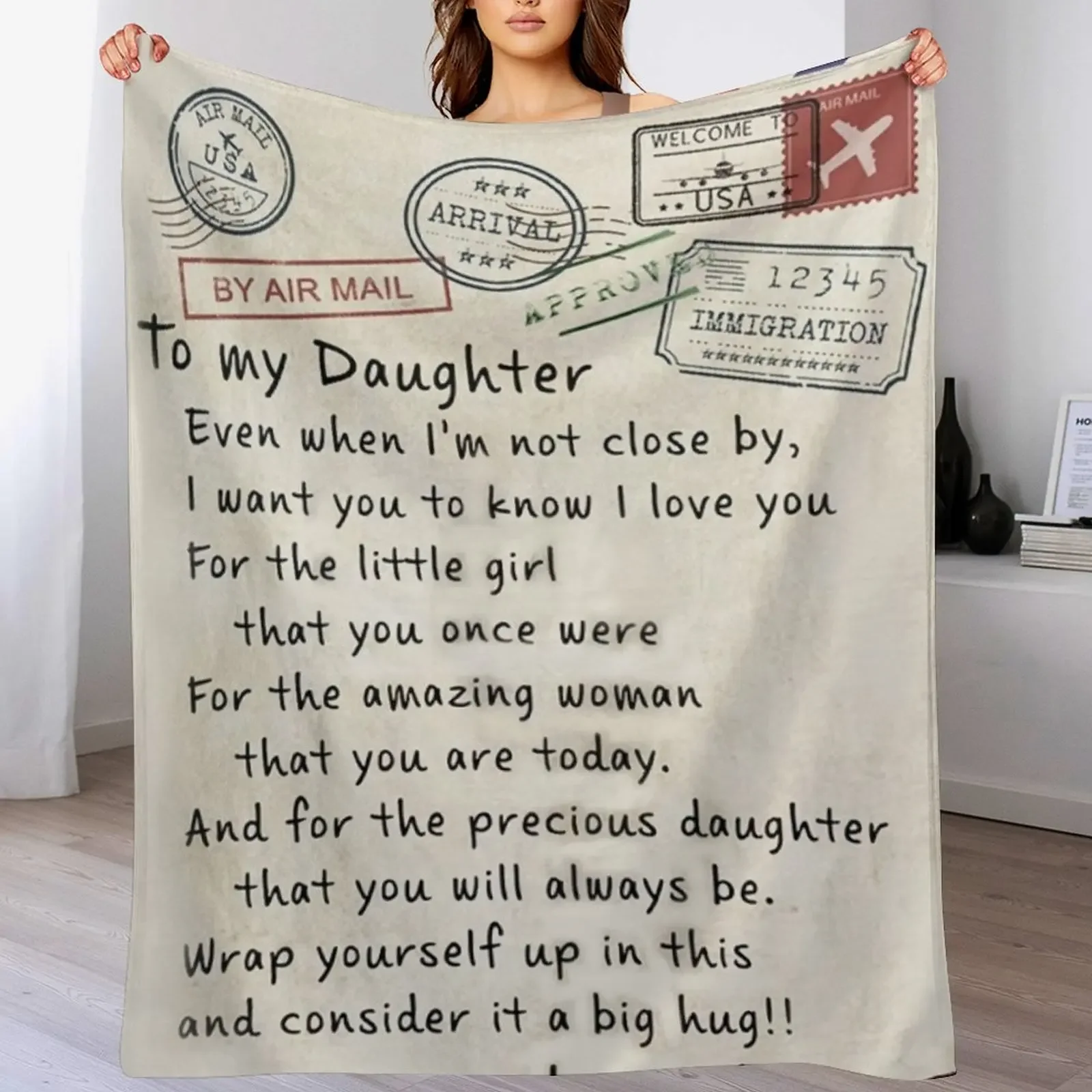 America Air Mail To My Daughter Throw Blanket Shaggy Furry Soft Blanket for Bedroom Living Room