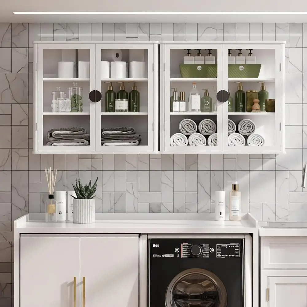 

White 28 Dual Wall-Mounted Cabinets with Glass Doors for Kitchen, Bathroom, and Laundry Storage