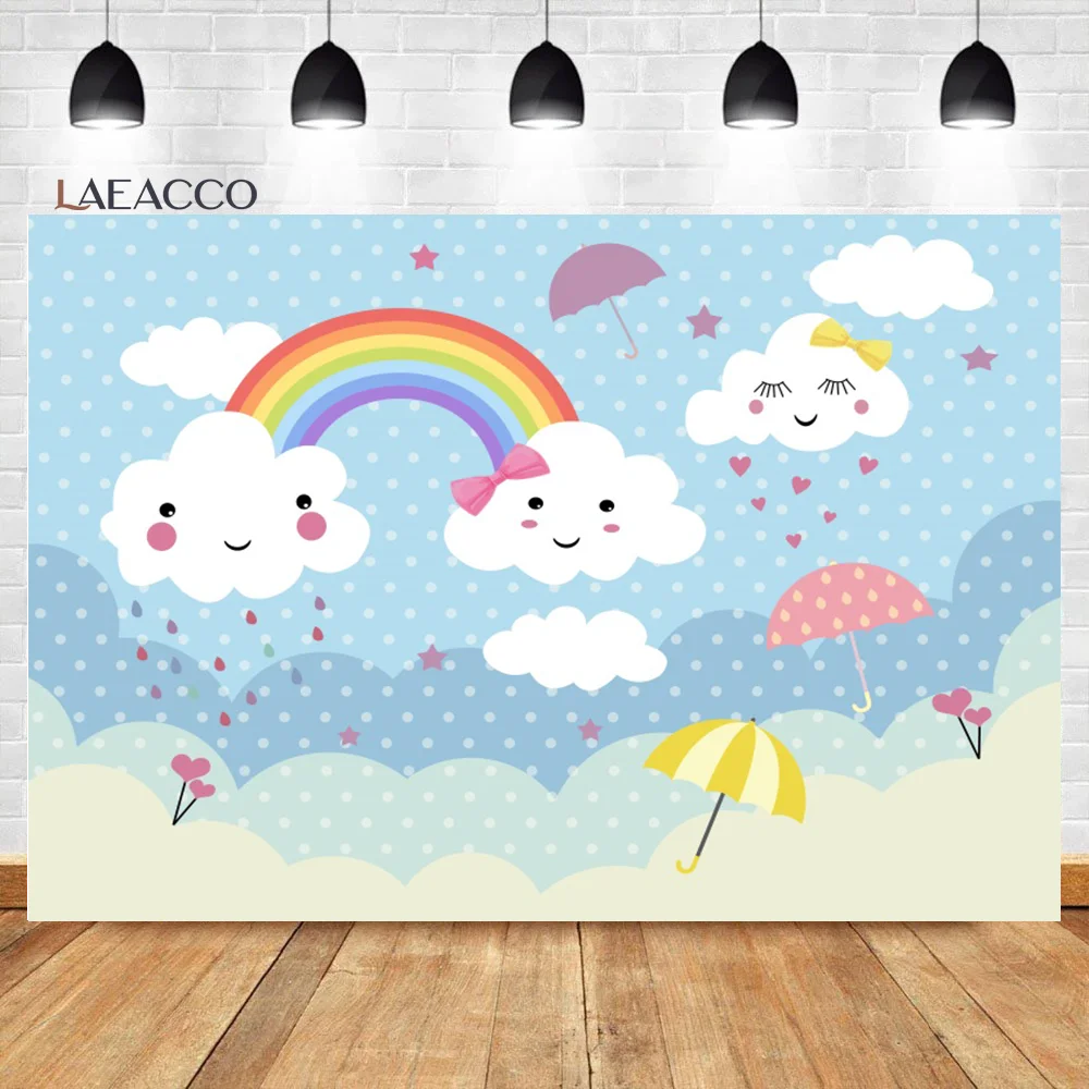 

Laeacco Cute Cartoon Rainbow White Cloud Sky Umbrella Princess Bow Love Background Girl Birthday Portrait Photography Backdrops