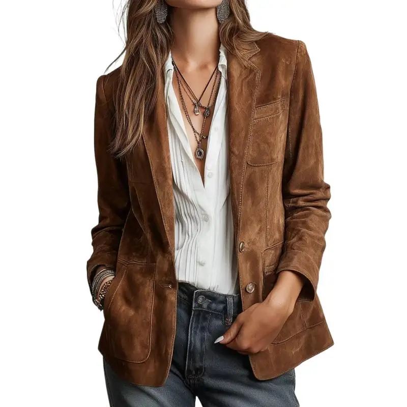 Europe Americ veste en daim pour femmes 2025 col à revers simple boutonnage à manches longues Blazer manteau femme décontracté Vintage Streetwear