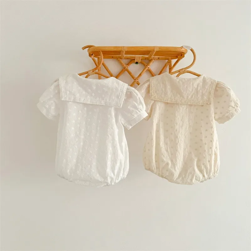 2024 New Spring Summer Baby Short Sleeve Romper Girls Small Embroidery Cotton Bodysuit Kids Beige Light Apricot Jumpsuit 0-3T