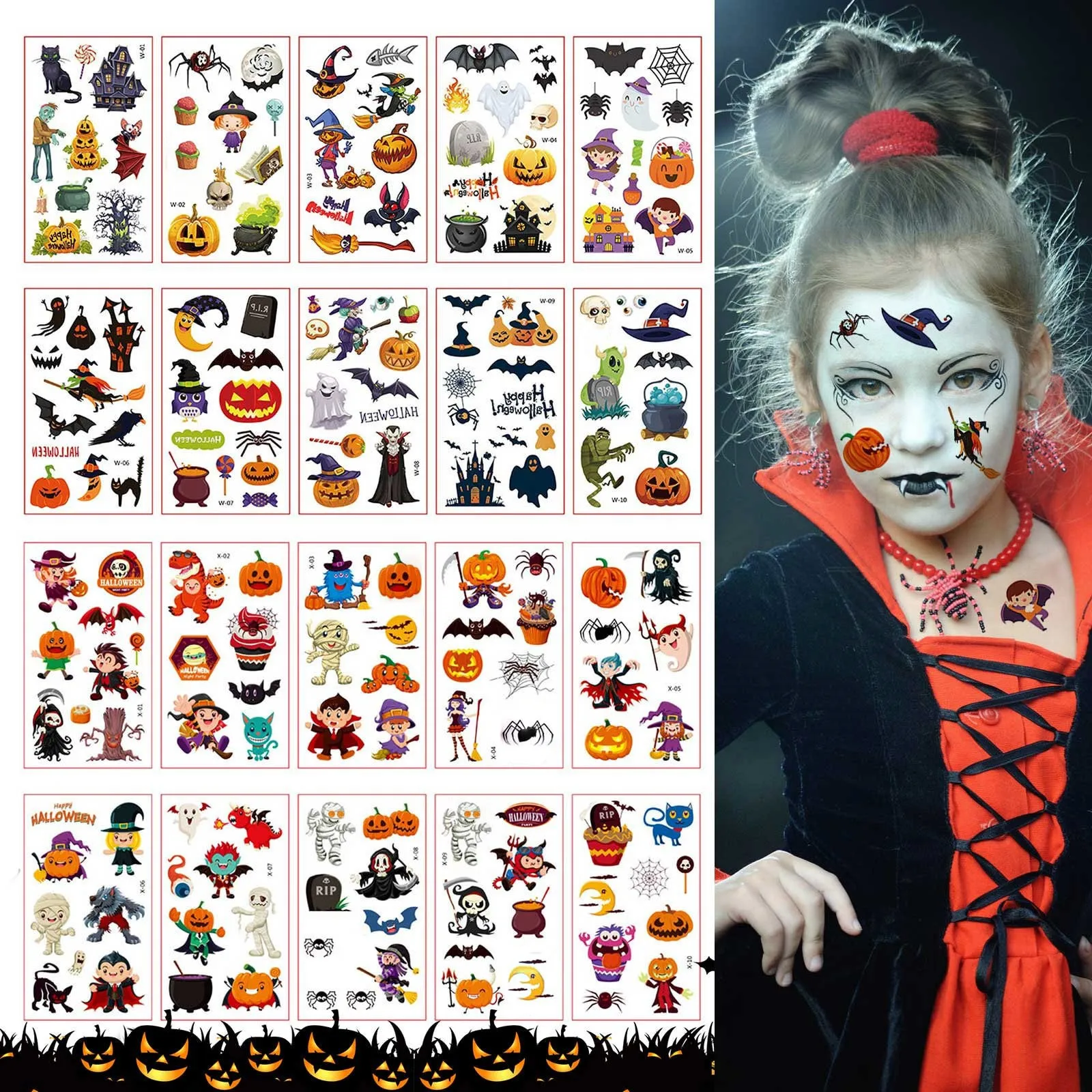 

10 листов временные татуировки на Хэллоуин для детей, поддельные страшные милые наклейки с героями мультфильмов, нежные, легко снимающиеся, сувениры для вечеринок, поставки