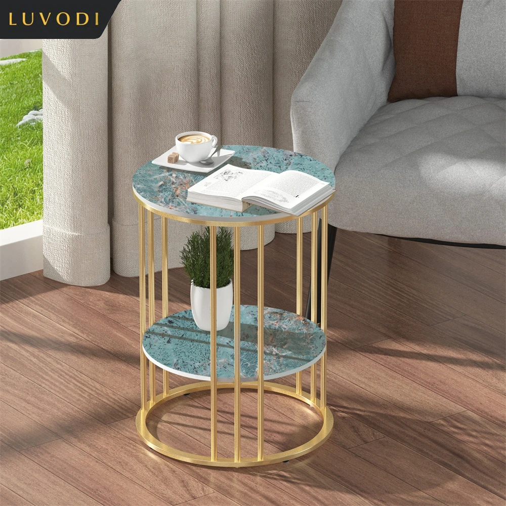 LUVODI Modern Round Storage Side Table Two-tier Open Spaces Sofa End Coffee Table Nightstand Tool with Gold Metal Frame