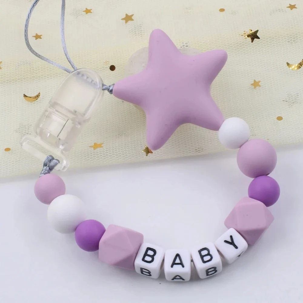 Baby Pacifier Clip Chain Silicone Five Pointed Star Nipple Pacifier Name Holder Baby Newborn Shower Gifts