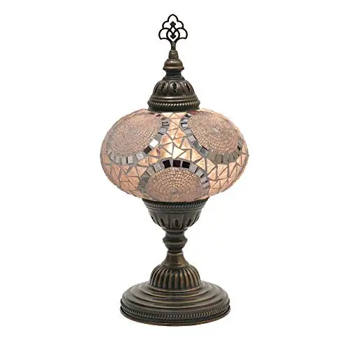 LaModaHome English Moroccan Handmade Mosaic Glass Table Lamp Light with Decorative Dark Copper Fixture for Bedroom, Livingroom a