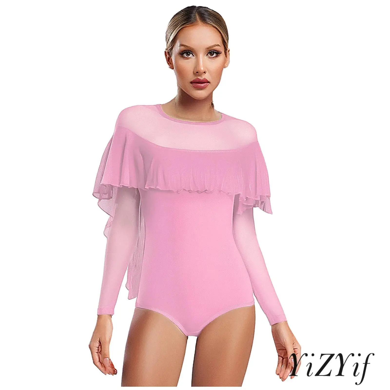 

Womens Ruffled Overlay Modern Ballet Leotard Jumpsuit Long Sleeve Mesh Spliced Dancewear Competitions Dance Festivals Bodysuit