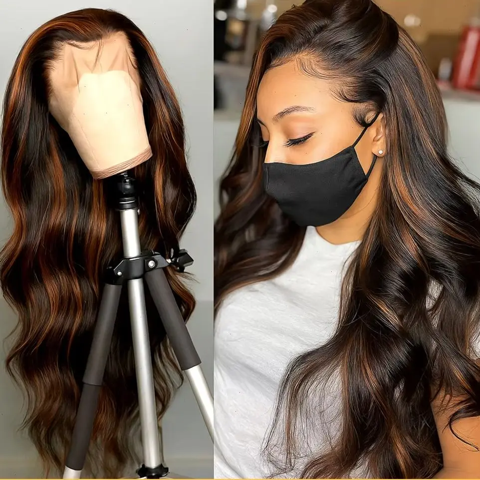 

1b30 Highlight Body Wave Human Hair Wigs 13x4 HD Transparent Lace Front Wigs Pre Plucked Colored Wigs Human Hair 200 Density