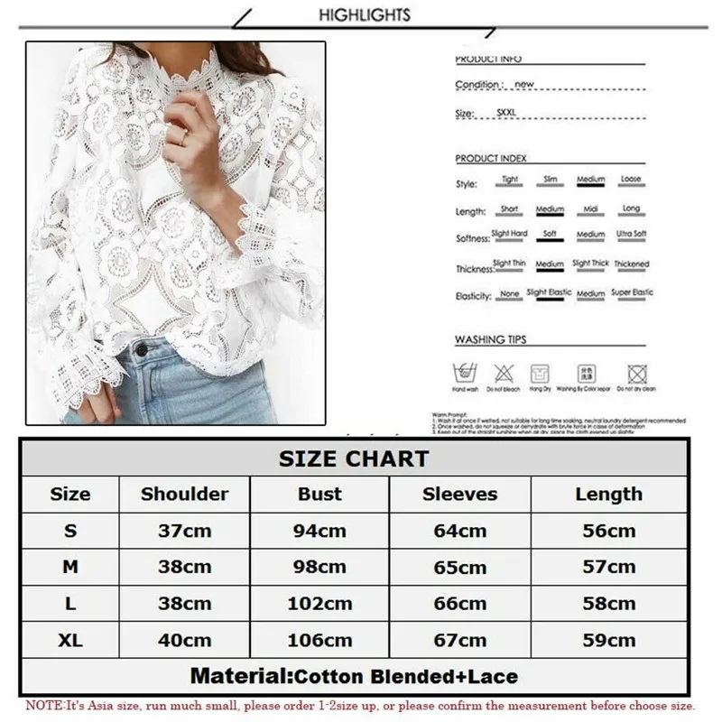 Women\'s Elegant Shirts New Cut Out Translucent Horn Long Sleeve Slim  Sexy Summer White Lace Shirt Women Blouses And Tops