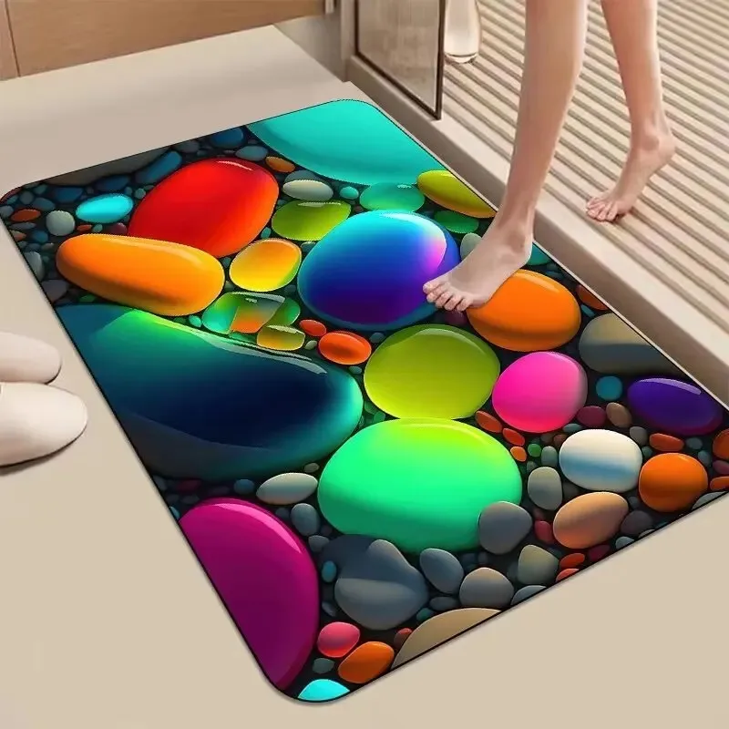 VIKAMA 3D Colorful Pebble Stone Bath Mat Realistic Cobblestone Illusion Non Slip Water Absorbent Shower Floor Mat