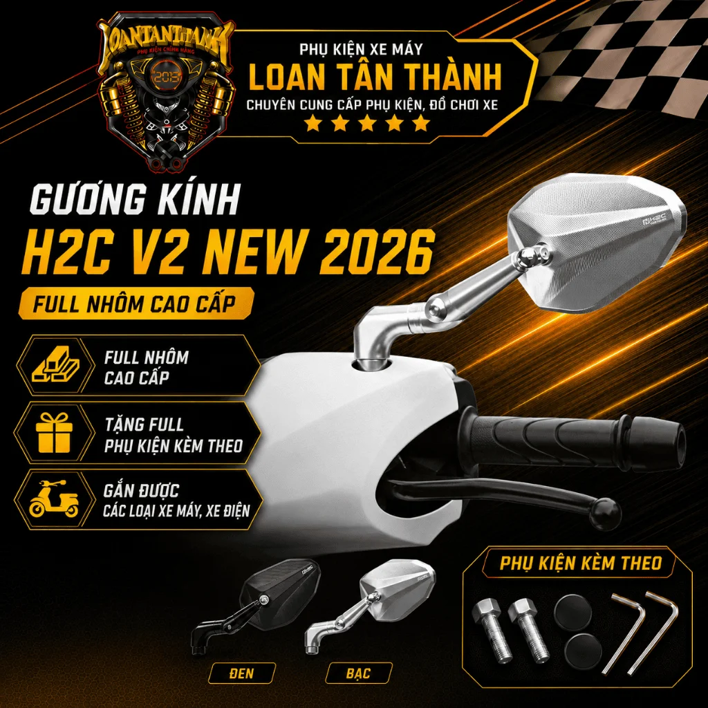 H2C V2 Model 2026 Premium All-Aluminum Rearview Mirror including a complete set of accessories suitable for various motorcycles