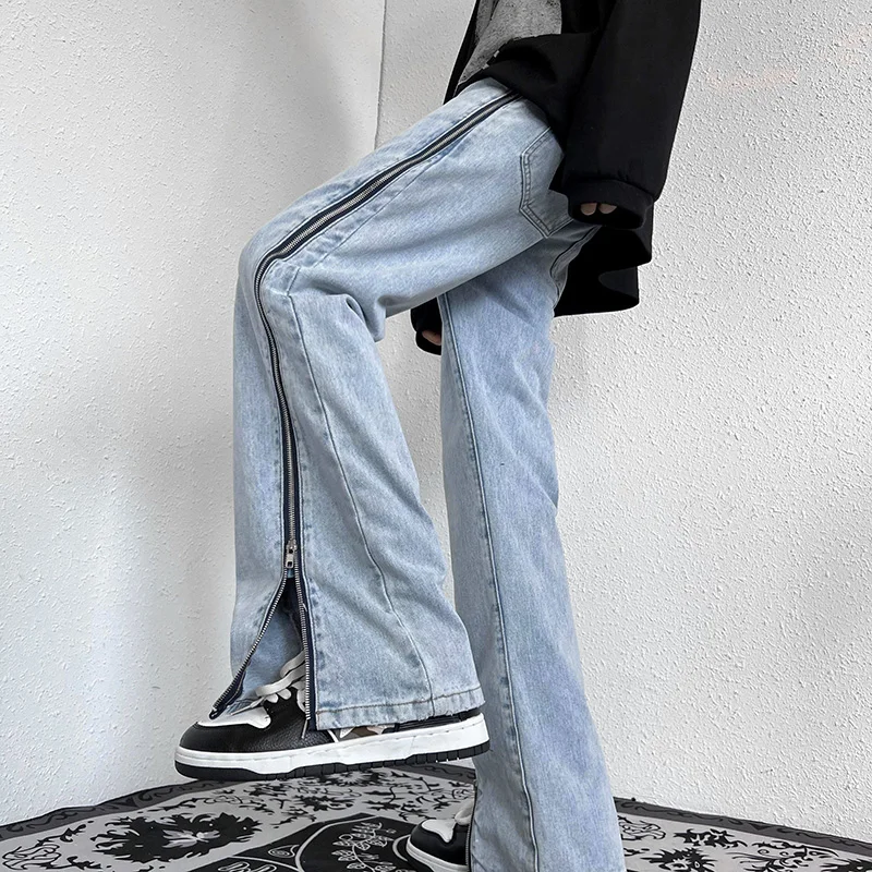 

Fashion Zipper Trousers Blue Jeans Men 2023 Autumn New High Street Straight Denim Neutral Casual Jean Pants Male Vintage Gray