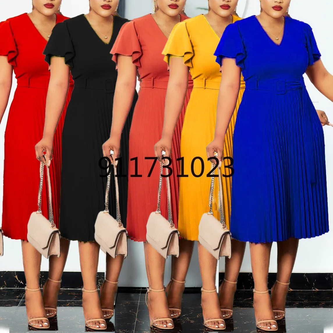 Plus Size Casual Elegant Fashionable New Solid Color Party Evening Dress V-Neck Ruffle Sleeve Short Sleeved Pleated Dress