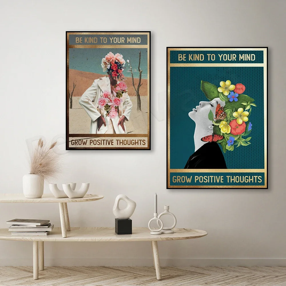 Be Kind To Your Mind Poster, Grow Positive Thoughts Poster, Floral Print, Vintage Wall Art Decor Poster, Gift Idea