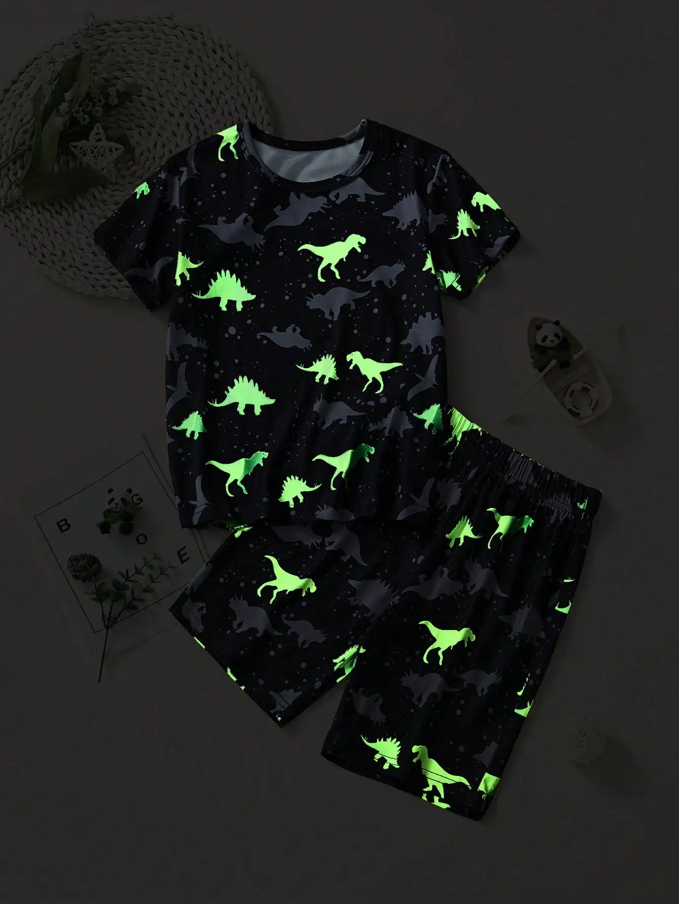 Young Boy Casual Summer Outfit, Cartoon Dinosaur Printed Fluorescent Short Sleeve T-Shirt And Shorts