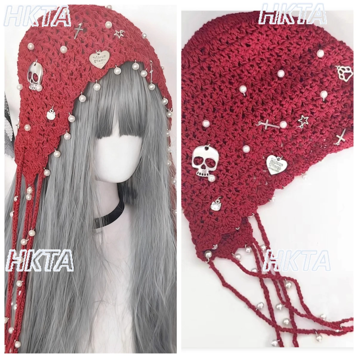 

Вязаная шапка с черепом и жемчугом и кисточкой, красная вязаная шапка Y2K, субкультура, индивидуальный крест, вязаная крючком, пряжа ручной работы, новогодняя рождественская шапка для женщин