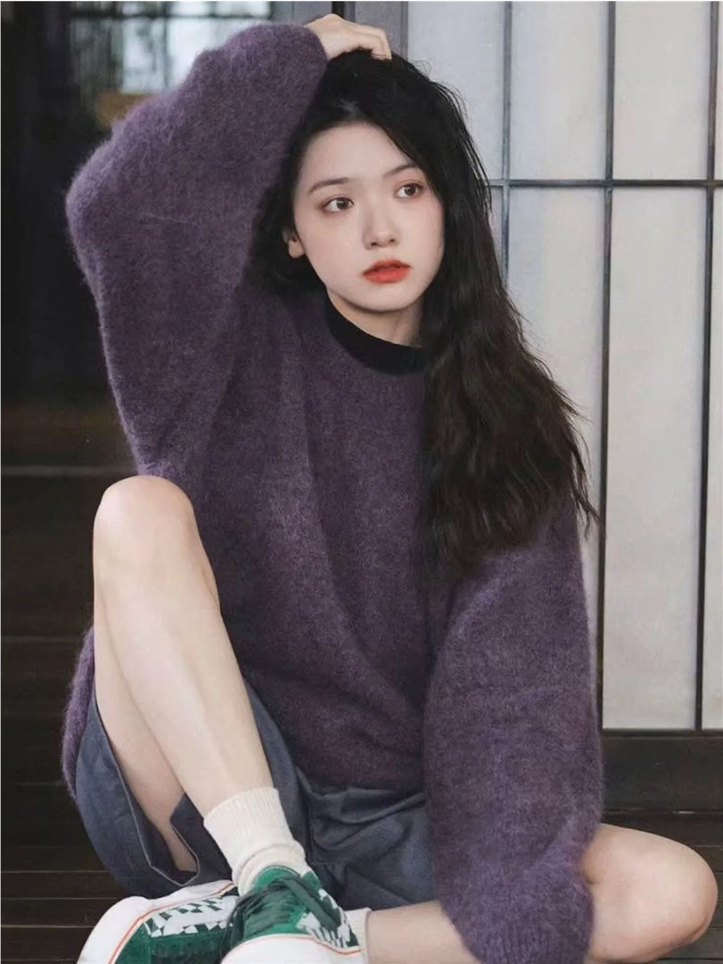 

Свободный длинный свитер-пуловер без капюшона в фиолетовом цвете, модный и удобный, в корейском стиле, женский осенне-зимний топ