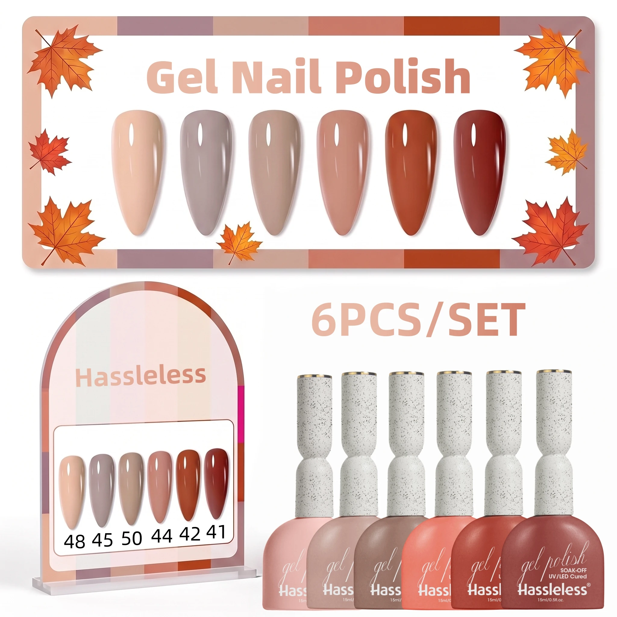 Hassleless 6Pcs Autumn Maple Leaf Nail Polish Gel Set, Suitable for Home Use Nail Gel, Nail Art Supplies, High Saturation, Long-Lasting, Not Easy to Fade, Shiny Nail Effect, Fashionable Nail Tools, Women's Gift