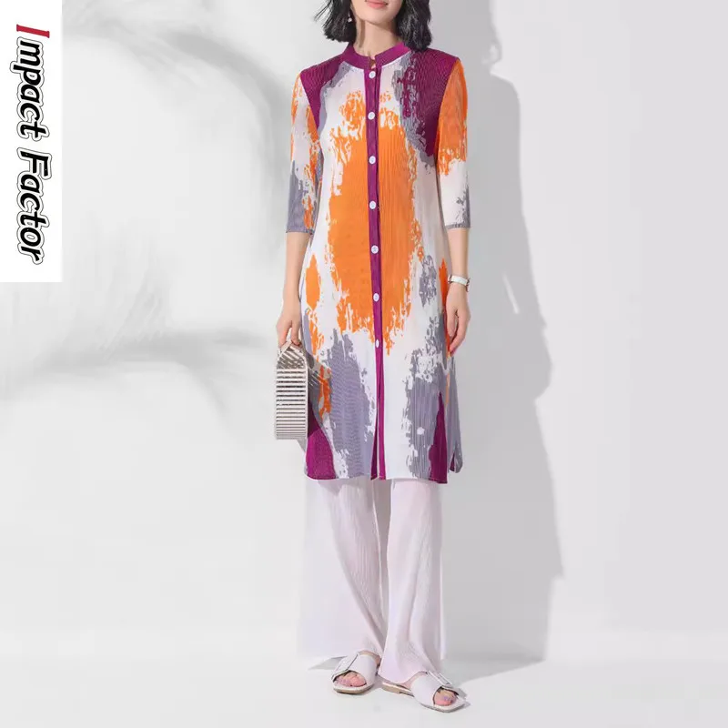 Miyake Fashion Folds 2 Piece Set Women's Stand Up Collar Single Breasted Top Wide Leg Pants 2025 Summer New Tide