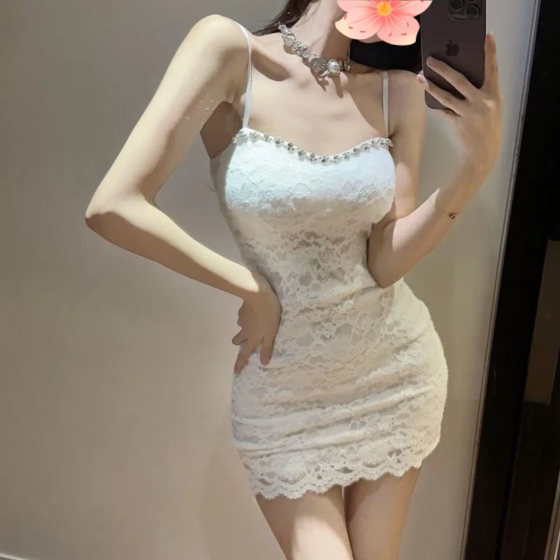 Sexy Lace Strap Dress Heavy Embellished Waist Cinching Short Skirt Women's New Style Hot Girl Dress High Waist H-Shape Skirt