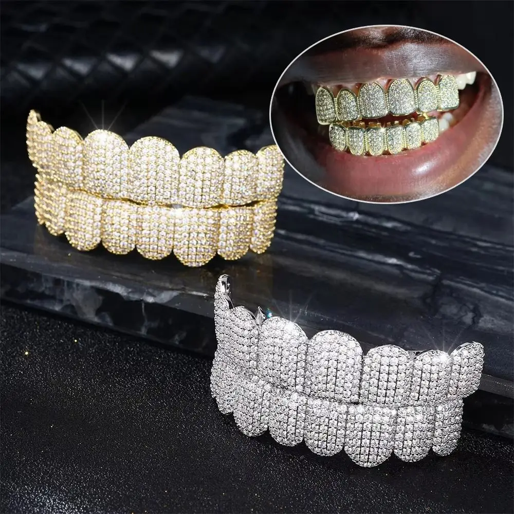Hip Hop Teeth Grillz Set Top & Bottom Set Removable Design Hiphop Teeth Grillz Rhinestone Hollow Charm Teeth Grillz Tooth Socket