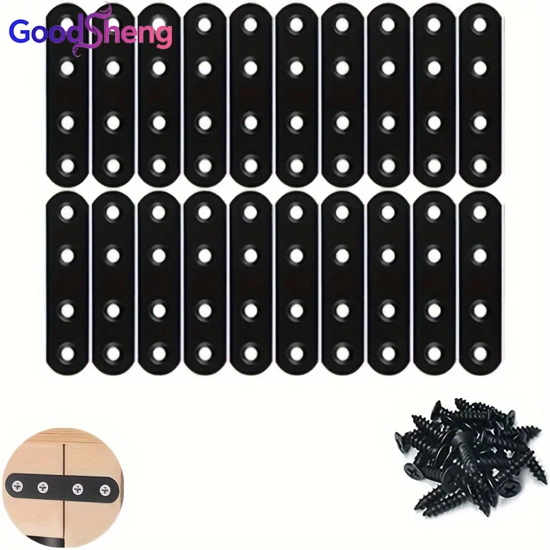 40Pcs Black Flat Straight Brackets, 4 Sizes Heavy Duty Steel Repair Plates, Furniture Reinforcement Hardware for Table Bed Frame