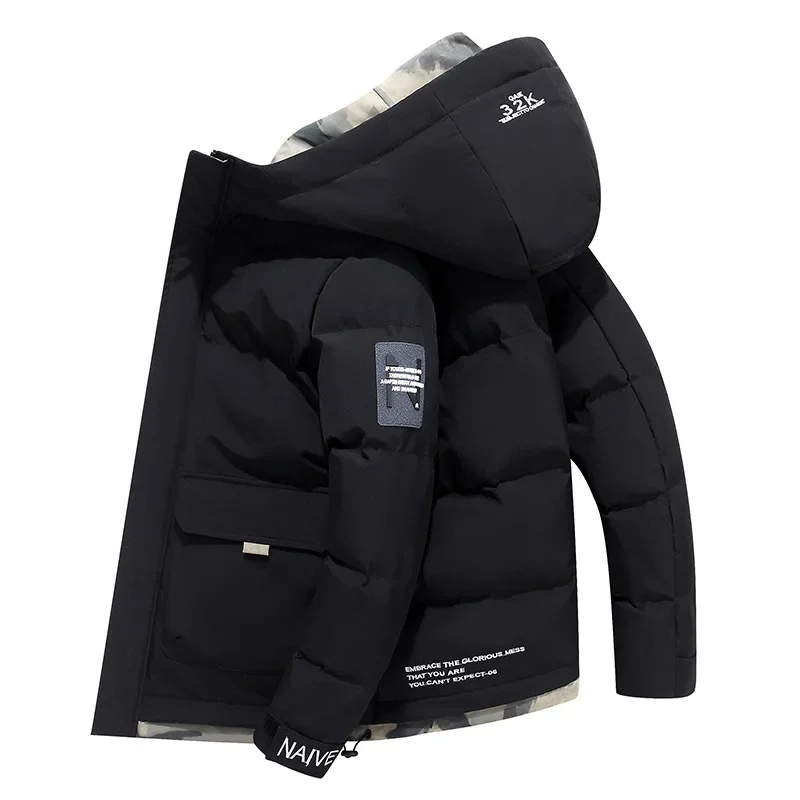 New Model Thickened Winter Cotton Jacket with Hood Printed Open Cardigan Label Support Workwear Style Male Loose Fit Warm Coat