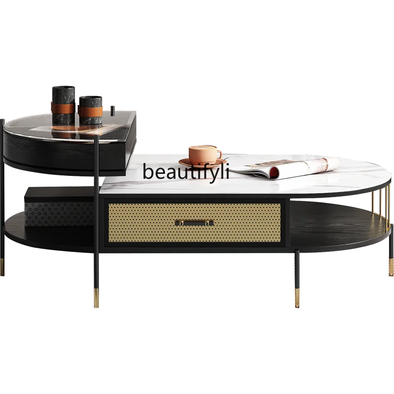 zq Home Living Room Black Tea Table Italian Creative Tempered Glass High and Low Tea Table Combination