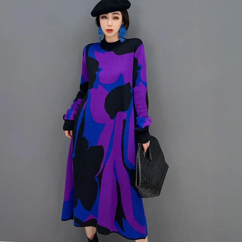 Purple 2024 Spring Autumn Round Neck Pullover Knitting Dress Loose Mid-length Blocking Sweater Dress Women Purple Dress LHX3540