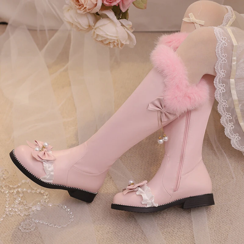 2024 European and American Women\'s New Bow Haired Round Head Low Heel Velvet Boots   5534