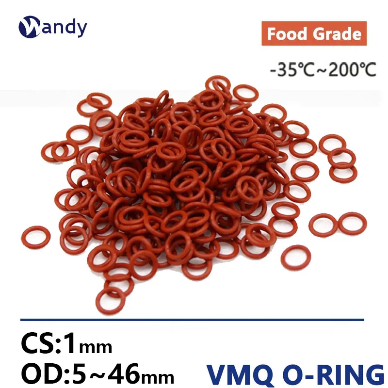 

Red VMQ Silicone O Ring Gasket Thickness 1mm OD 5mm-46mm Food Grade O-Ring Seal Wear Oil Resistant Waterproof