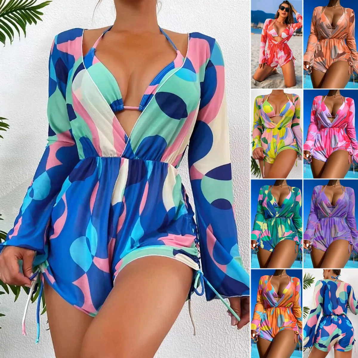 

2026 3 Pieces Triangle Halter String Bikini Long Sleeve Swimsuit Women Swimwear Female Bathers Bathing Swimming Swim Suit