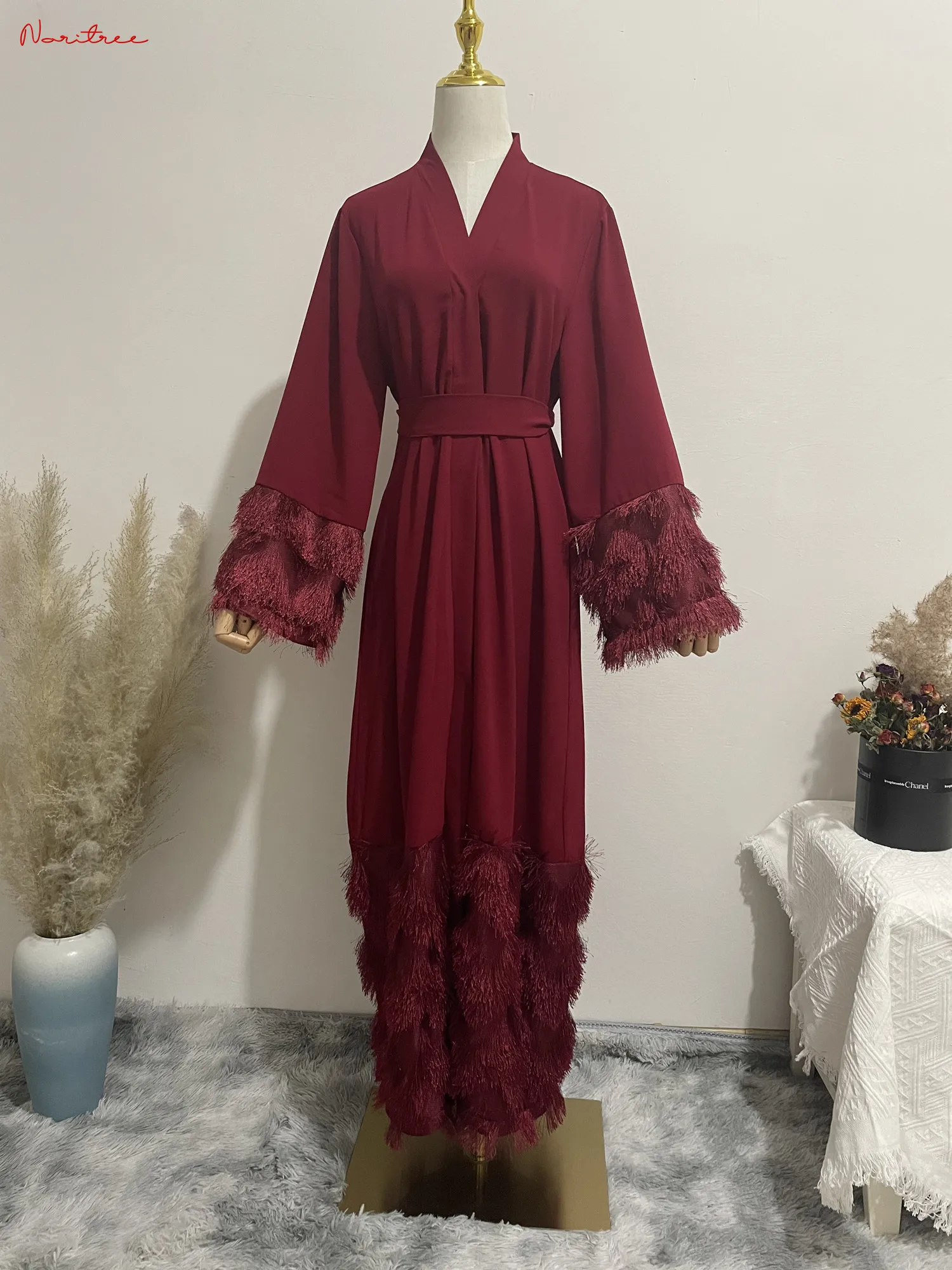 Elegante muslimah tecido mais grosso borla abaya turco comprimento total dubai feminino manga de renda vestido islâmico wq1333 dropship