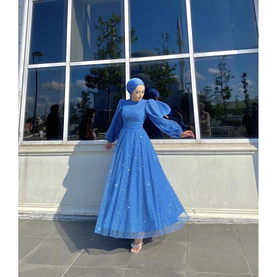 Elegant Blue O-Neck Sequin Lantern Sleeve Evening Dresses 2023  Charming A-Line Ankle-lengh Tulle Zipper Custom Made Formal Gown