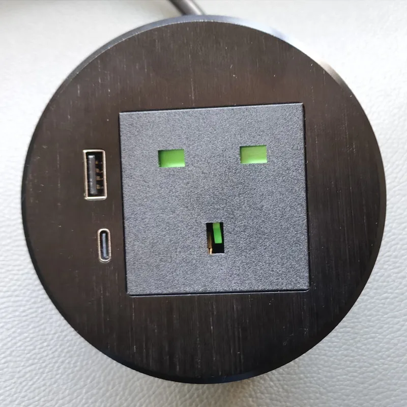 

High Quality High Grade Round Type Desktop Socket Outlet With Twin USB (A+C) UK Port Cable UK Plug Without Cover