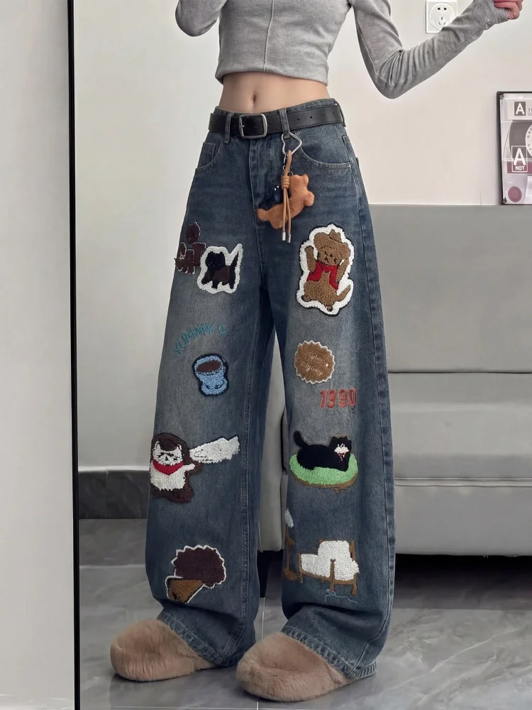 

American Sle Casual Wide Leg Straight Jeans Cartoon Towel Embroidery High Waist Denim Pants Spring 2026 New Arrival