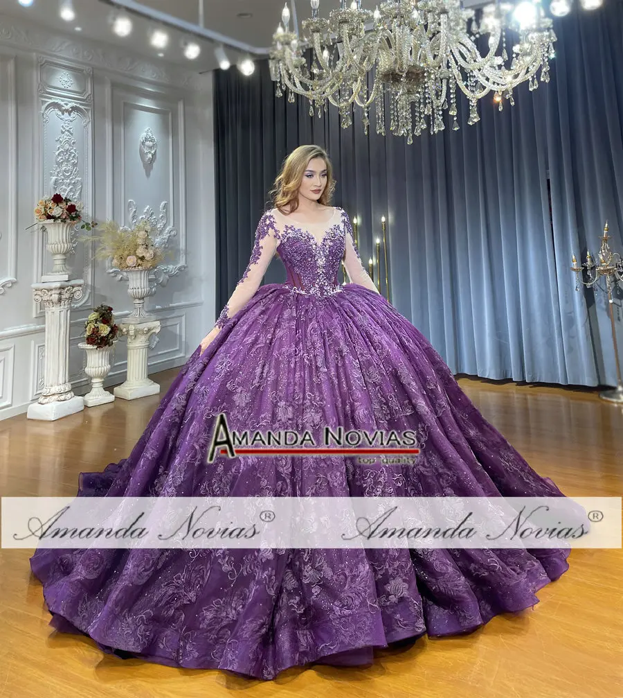 purple white and gold wedding dresses Purple Quinceanera Dress with Long Sleeves