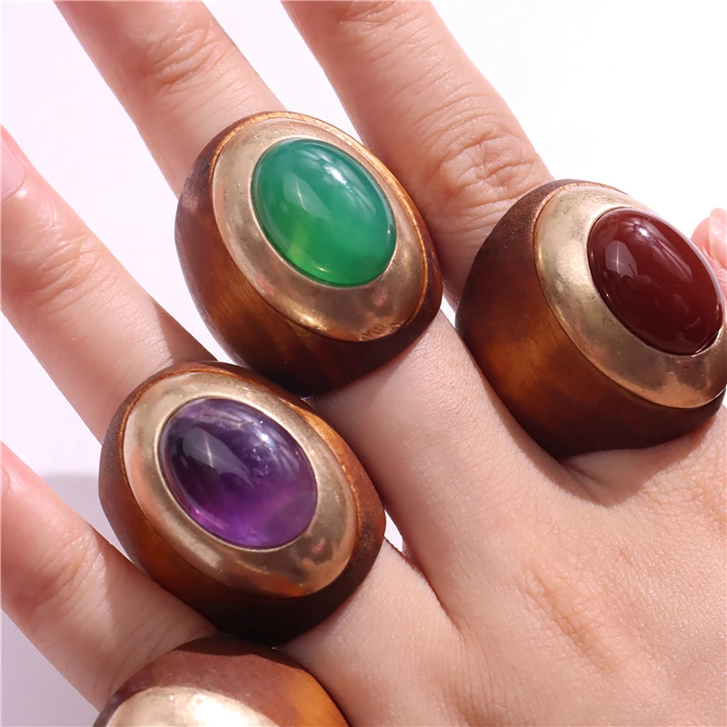 HUANZHI Natural Stone Wood Oval Metal Large Rings for Women Exaggerated Chunky Big Vintage Geometric New Jewelry