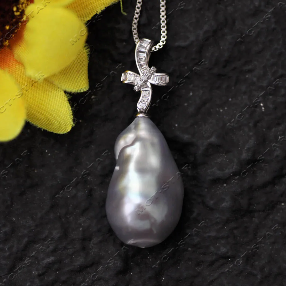 

MTC·STAR 26mm Gray Baroque Reborn Keshi Pearl Ribbons CZ Pendant Charm (Z14572)