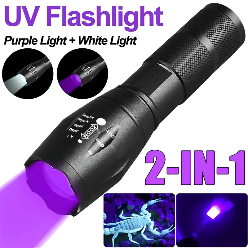 Linterna de luz ultravioleta Dual, lámpara de iluminación retráctil con Zoom, detección de agente fluorescente, color púrpura y blanco