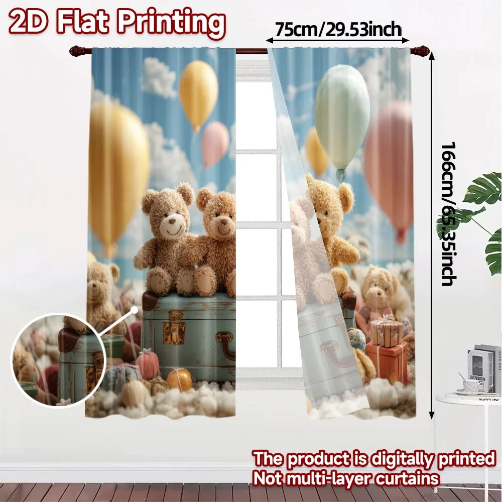 2pcs, 2D FLAT PRINTING Curtains (Without Rod) Teddy Trio Chic Curtain Cloth Prints Light Filtering Curtains Thermal Insulation,
