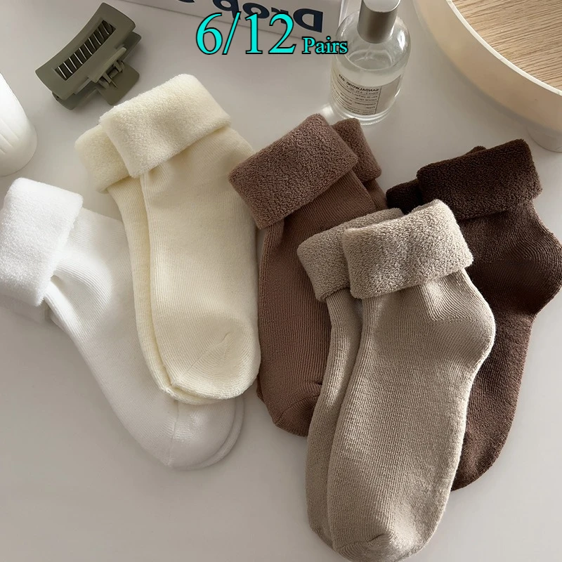 

6/12 Pairs Women's Autumn Winter Thick Mid Tube Socks Looped Fur for Warmth Comfort Solid Color for Home Use Floor Casual Socks