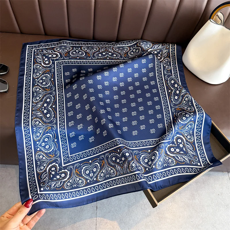 Klassischer blauer Seidenschal für Damen mit Paisley-Print, Satin-Haarband, Handtaschenband, Foulard, Hijab, Halstuch, Stirnband – Detail 2