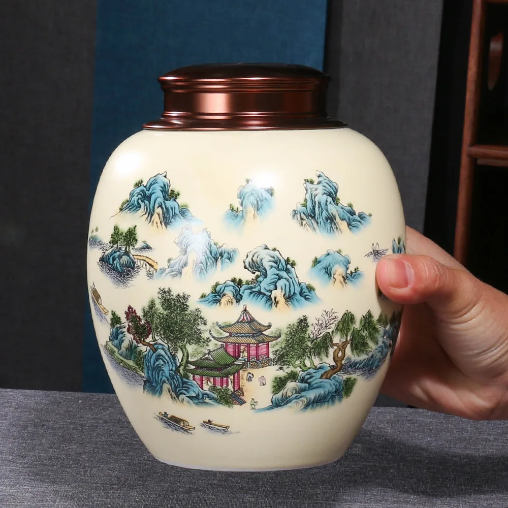 Creative Ceramic Tea Jar Retro Landscape Painting Porcelain Storage Jar Sealed Tea Coffee Candy Tank with Lid Crafts Decoration