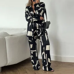 Elegant Women Pant Sets Autumn 2024 Long Sleeve Lapel Print Tops Fashion Beach Baggy Wide Leg Trousers Ladies Two Piece Suits