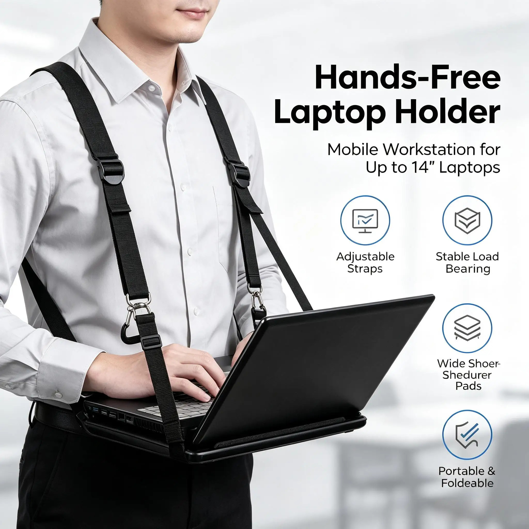 Hands-Free Laptop Hanging Strap Wearable Notebook Holder with Adjustable Shoulder Straps Mobile Laptop Sling for Outdoor Office