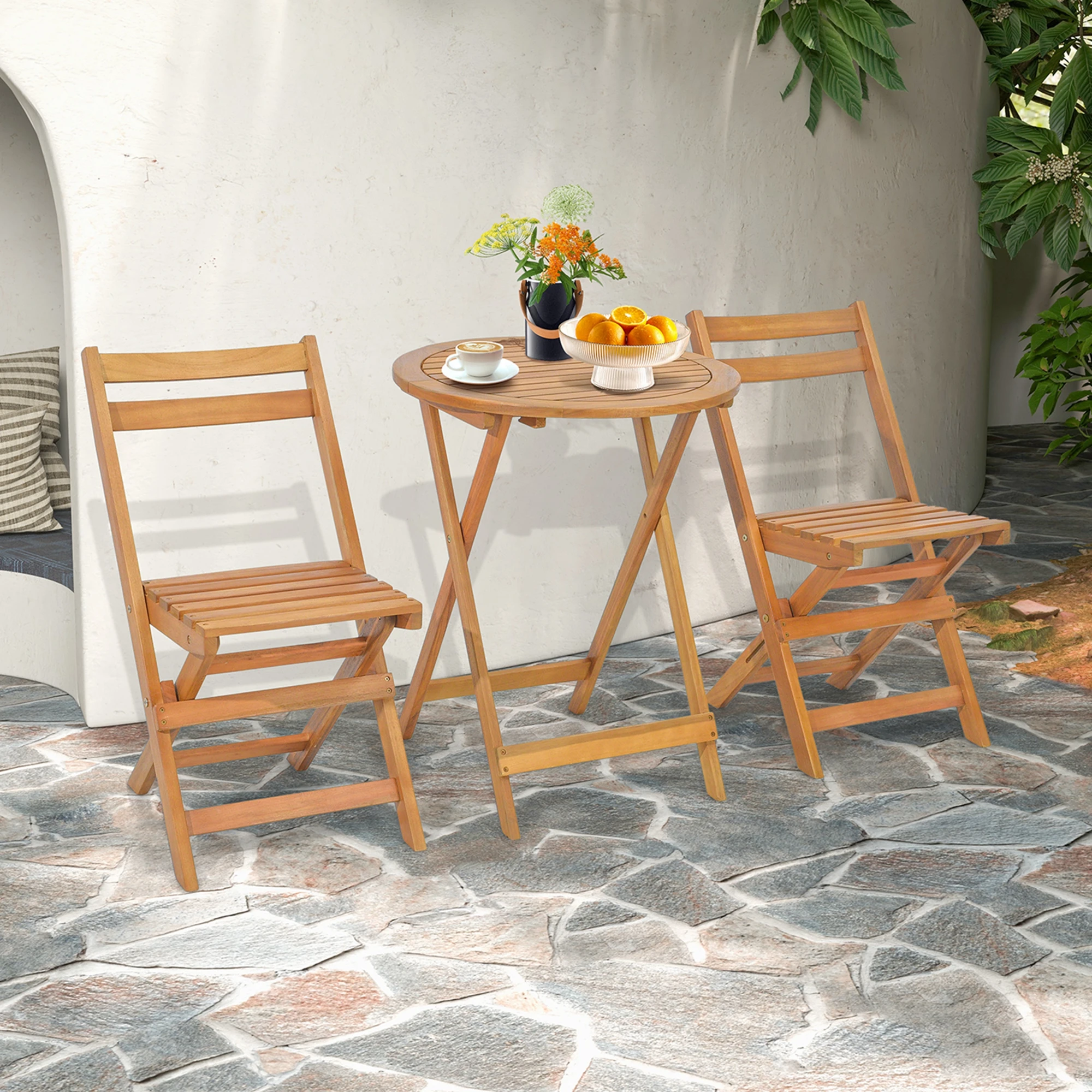 3 PCS Folding Patio Bistro Set Solid Acacia Wood Table & Chairs Slatted Tabletop